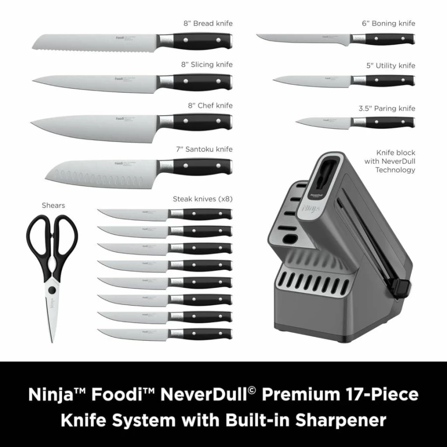 Ninja Foodi NeverDull 9-Piece Premium Knife Block Set with Built-In Sharpener, German Stainless Steel Knives, Black - K32009