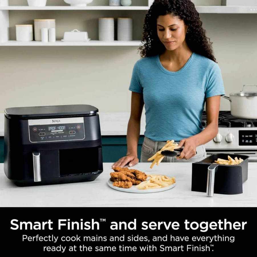 Ninja Foodi 6-Quart DualZone Air Fryer with 2 Independent Baskets, Match Cook & Smart Finish for Roasting, Baking, Dehydrating, Black