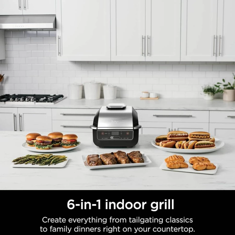Ninja Foodi Smart XL 6-in-1 Indoor Grill with Air Fry, Roast, Bake, Broil, and Dehydrate, Includes Smart Thermometer, 2nd Gen, Black/Silver, Model DG551