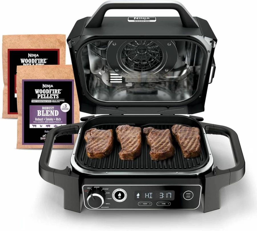 Ninja Woodfire Pro XL 7-in-1 Outdoor Grill & Smoker with Built-In Thermometer, Air Fryer, Bake, Roast, Dehydrate, Broil - Weather-Resistant Grey Woodfire Technology