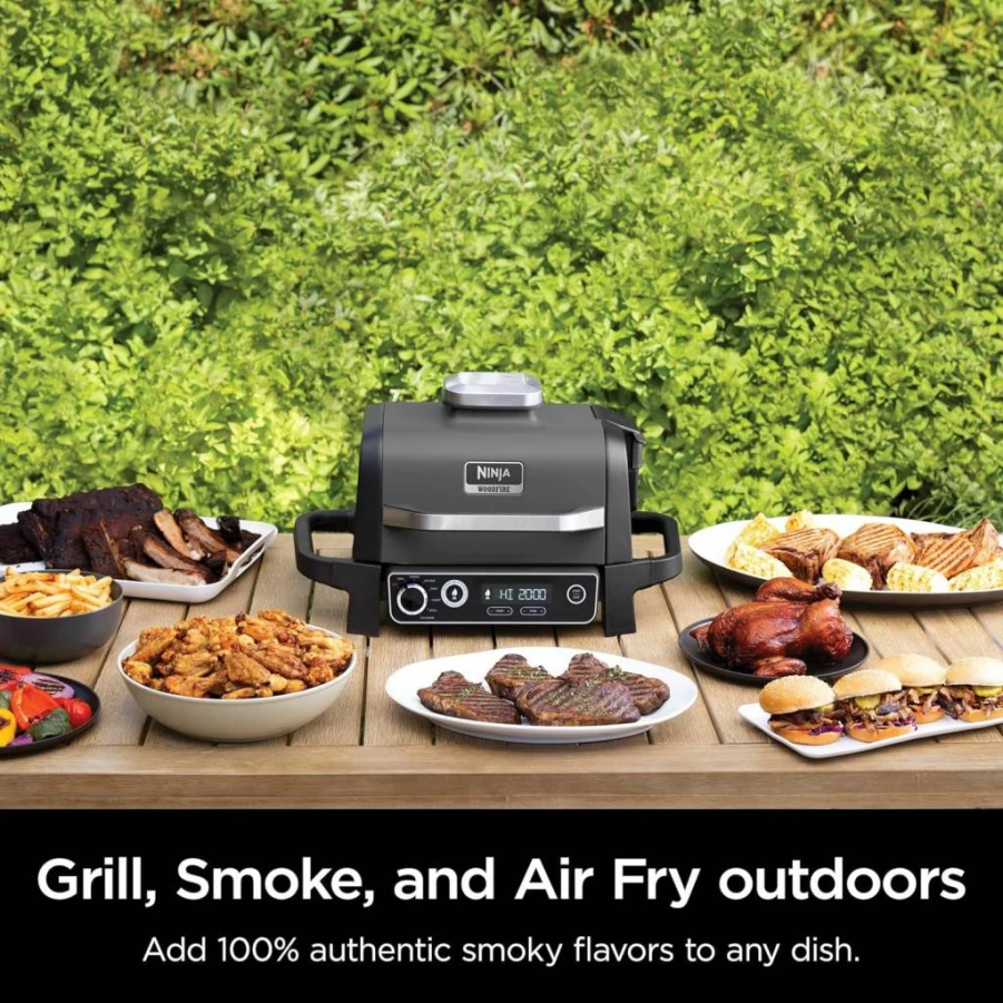 Ninja Woodfire Pro XL 7-in-1 Outdoor Grill & Smoker with Built-In Thermometer, Air Fryer, Bake, Roast, Dehydrate, Broil - Weather-Resistant Grey Woodfire Technology