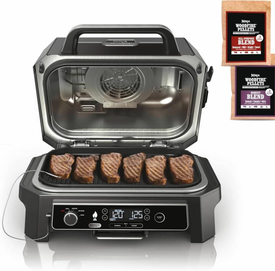 Ninja OG951 Woodfire Pro Connect XL 7-in-1 Outdoor Grill & Smoker with Bluetooth, App Control, Woodfire Technology, Air Fryer, 2 Thermometers - Black Premium BBQ Master Grill