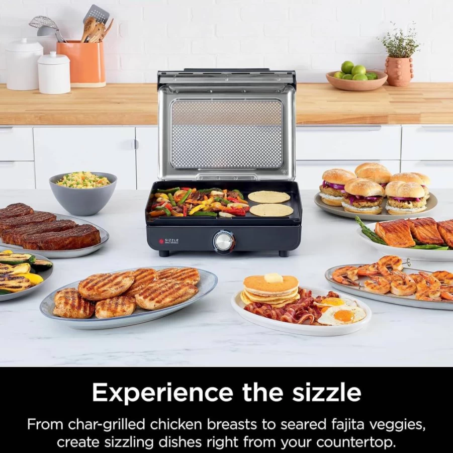 Ninja Gr101 14" Electric Indoor Grill & Griddle, 500F Nonstick Dishwasher Safe, Perfect for Steak, Burgers, Pancakes, Salmon, Veggies, Even Heating, Silver