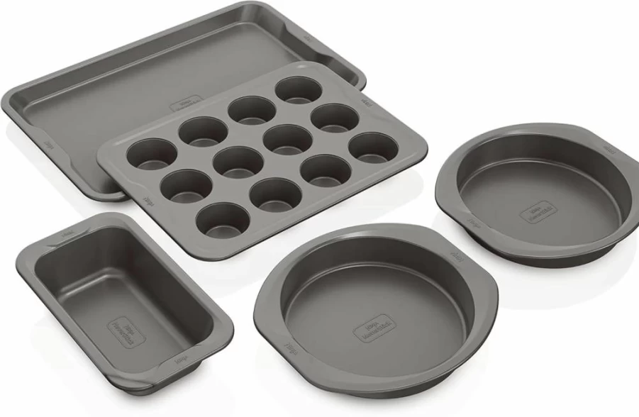 Ninja Foodi NeverStick Premium 10-Piece Bakeware Set - 2 Baking Sheets, Cookie Pan, Loaf Pan, Muffin Pan, 4 Cake Pans & Cooling Rack, Oven Safe to 500°F, Nonstick, Durable Grey Coating