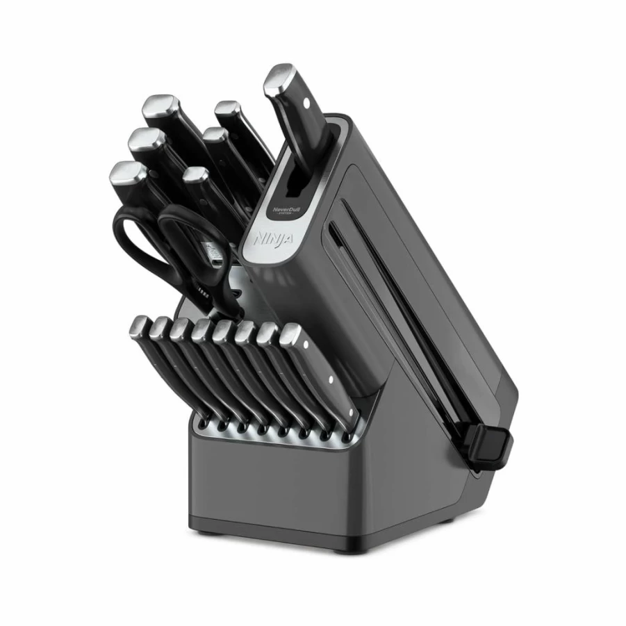 Ninja K32017 Foodi Neverdull 17-Piece Premium Knife Block Set with Built-In Sharpener, German Stainless Steel Knives, Black Cutlery Set for Kitchen