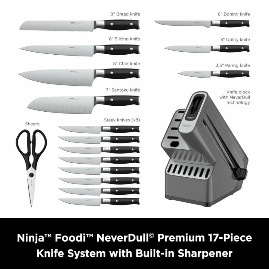 Ninja K32017 Foodi Neverdull 17-Piece Premium Knife Block Set with Built-In Sharpener, German Stainless Steel Knives, Black Cutlery Set for Kitchen