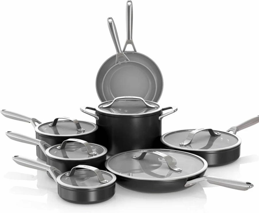 Ninja CW39014MM 14-Piece Ceramic Non-Stick Cookware Set - PTFE-Free, Oven & Induction Safe, Midnight Blue Pots & Pans with Glass Lids