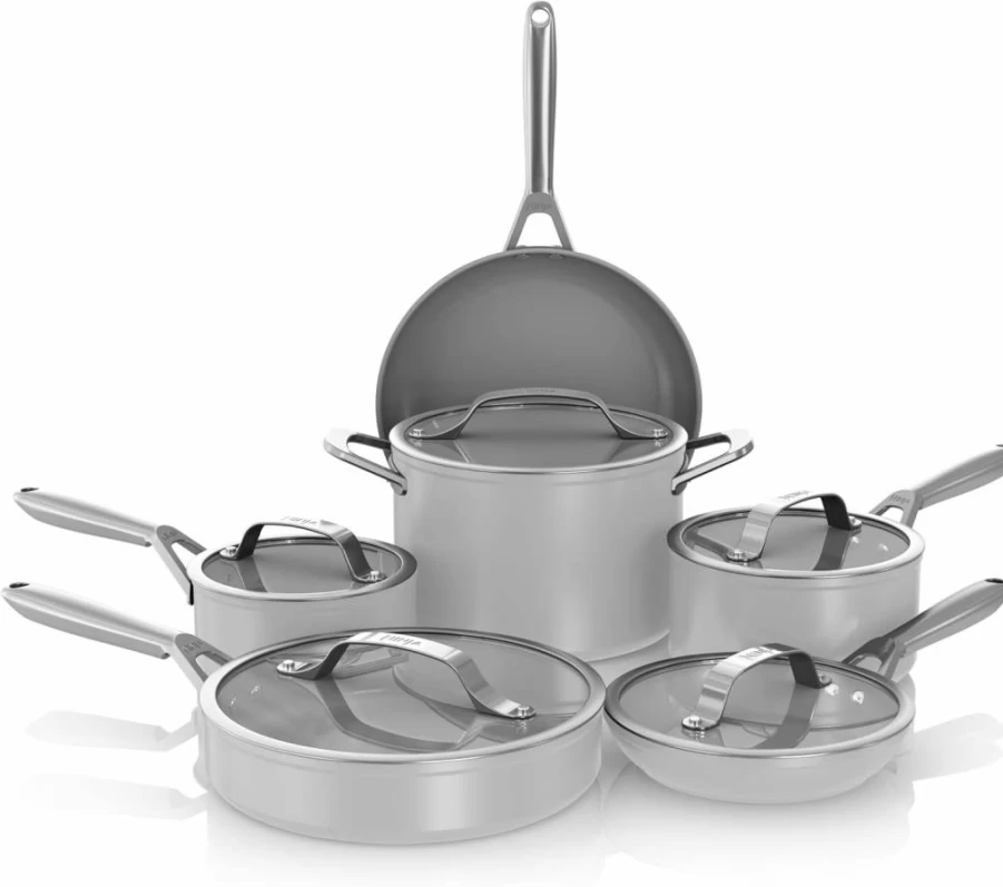 Ninja Ceramic Pro 11-Piece Non-Stick Cookware Set, PTFE-Free Ceramic Coated, Oven & Induction Safe, Blue Macaron, Includes Pots, Pans & Glass Lids