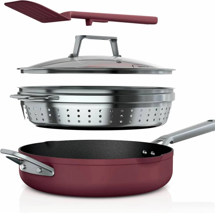 Ninja Foodi Neverstick 4 Quart Nonstick Pan with Lid, Strainer & Spatula, Oven Safe, Sea Salt Grey Cookware