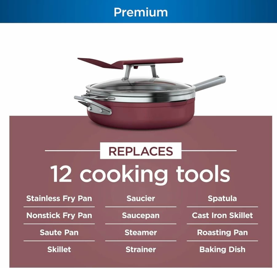 Ninja Foodi Neverstick 4 Quart Nonstick Pan with Lid, Strainer & Spatula, Oven Safe, Sea Salt Grey Cookware