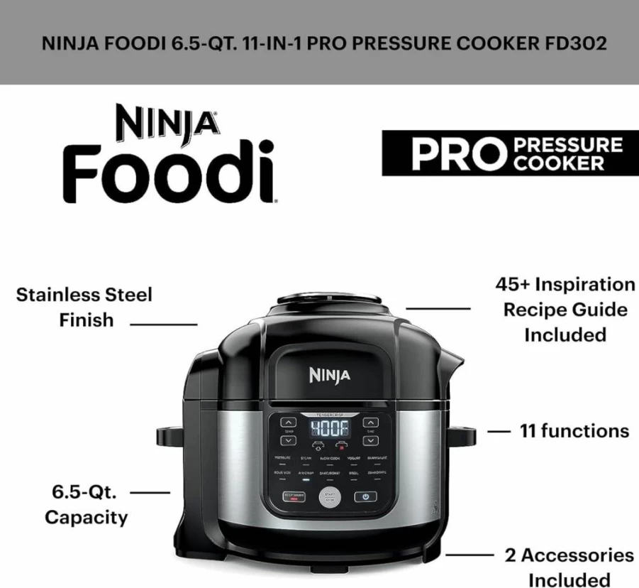 Ninja Foodi 12-in-1 Deluxe XL 8-Quart Pressure Cooker & Air Fryer Combo with 5-Quart Crisper Basket, Reversible Rack, Recipe Book – Steam, Slow Cook, Sear, Sauté, Dehydrate – Silver (FD401 LP3)