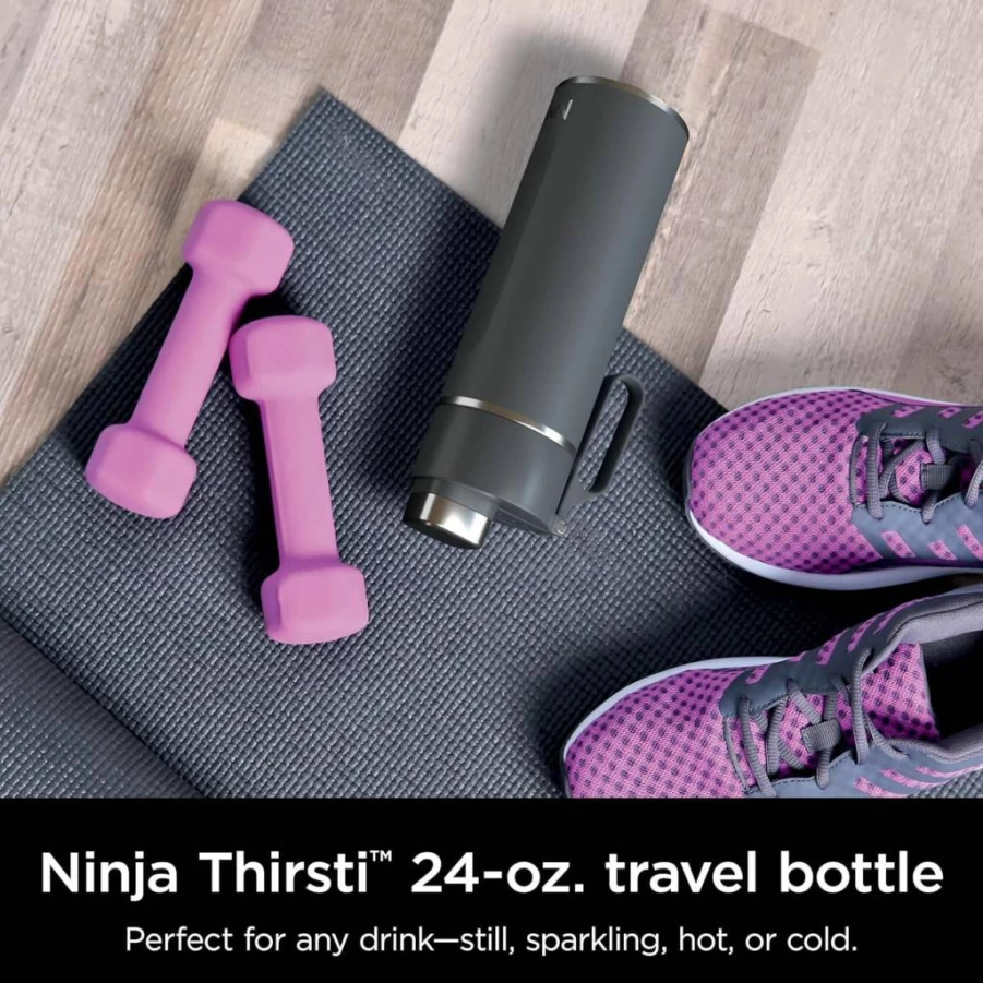 Ninja Thirsti 24Oz Insulated Stainless Steel Tumbler - Leak Proof, Dishwasher Safe, Keeps Drinks Cold & Fizzy for 24 Hours, Charcoal Gray Travel Water Bottle for Carbonated Beverages