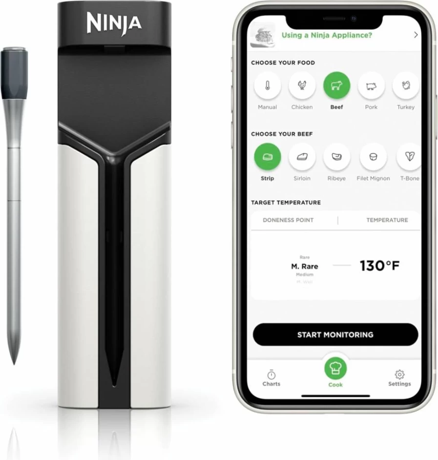 Ninja WP100 ProChef Wireless Meat Thermometer with Bluetooth App, Long Range, Waterproof, for Grill, Smoker, Oven, Air Fryer, Roaster – Flareup Resistant, US Only