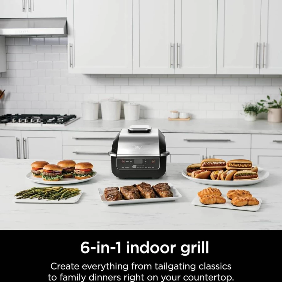 Ninja Foodi EG201 6-in-1 Indoor Grill with Air Fryer, Roast, Bake, Broil & Dehydrate, 2nd Gen, Dishwasher Safe, Black/Silver Countertop Grill