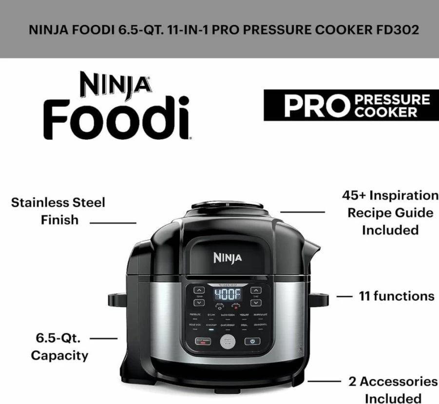 Ninja Foodi 11-in-1 Pro 6.5 Qt Pressure Cooker & Air Fryer Combo with Crisper Plate, Broil Rack, and Recipe Book, Silver/Black (FD302)