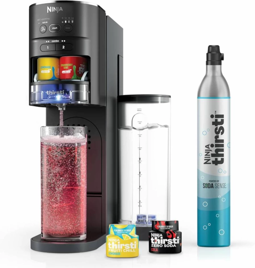 Ninja Thirsti WC1001 Soda Maker Machine with 60L CO2 Cylinder, Custom Sparkling & Still Drinks, Flavor Drops, Black - Create Personalized Beverages at Home