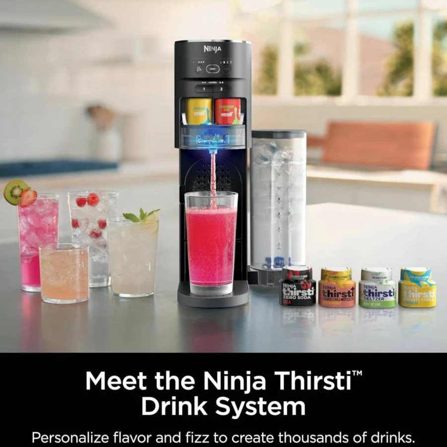 Ninja Thirsti WC1001 Soda Maker Machine with 60L CO2 Cylinder, Custom Sparkling & Still Drinks, Flavor Drops, Black - Create Personalized Beverages at Home