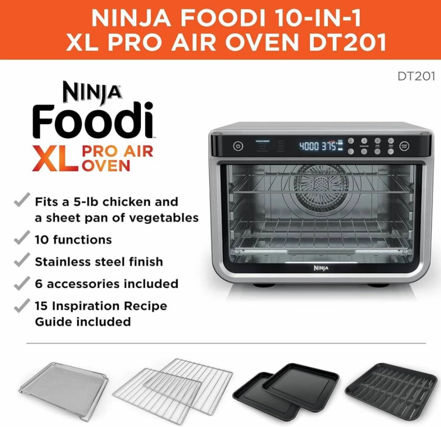 Ninja Foodi XL Pro Air Fryer Toaster Oven - 10-in-1 Countertop Convection Oven with 1800W, Stainless Steel, Fits 5lb Chicken & Sheet Pan (Model DT201)