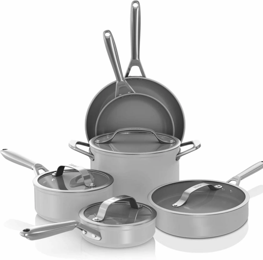 Ninja CW39010MM 10-Piece Ceramic Pro Non-Toxic Cookware Set - PTFE/PFOA-Free, Induction Compatible, Oven & Stovetop Safe Pots & Pans with Glass Lids, Midnight Blue