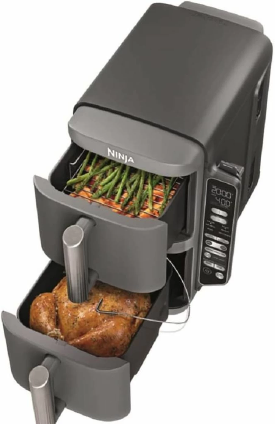 Ninja SL401 10Qt DoubleStack XL 6-in-1 Air Fryer with 2 Baskets, Roast Bake & More, Compact Design for 5Lb Whole Chicken, Dishwasher Safe, Grey