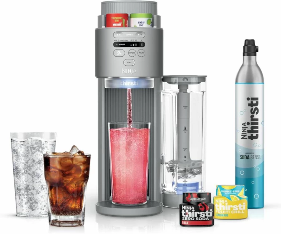 Ninja Thirsti Max Soda Maker & Sparkling Water Machine with 60L CO2 Cylinder, Custom Hydration System for Still & Carbonated Drinks, Compact Design, Includes Flavored Drops, Silver WC2002
