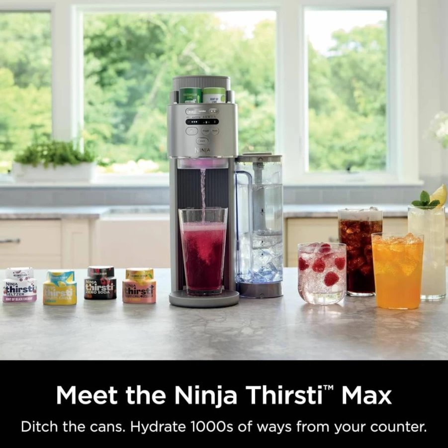Ninja Thirsti Max Soda Maker & Sparkling Water Machine with 60L CO2 Cylinder, Custom Hydration System for Still & Carbonated Drinks, Compact Design, Includes Flavored Drops, Silver WC2002