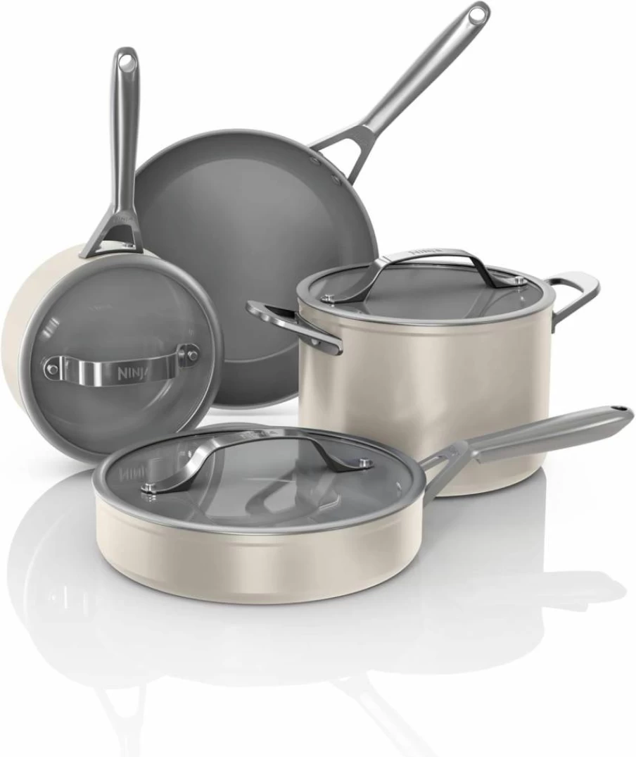 Ninja CW39011MM 11-Piece Ceramic Pro Non-Toxic Cookware Set - PTFE/PFOA-Free Ceramic Coated Pots & Pans with Glass Lids, Oven & Induction Safe, Midnight Blue