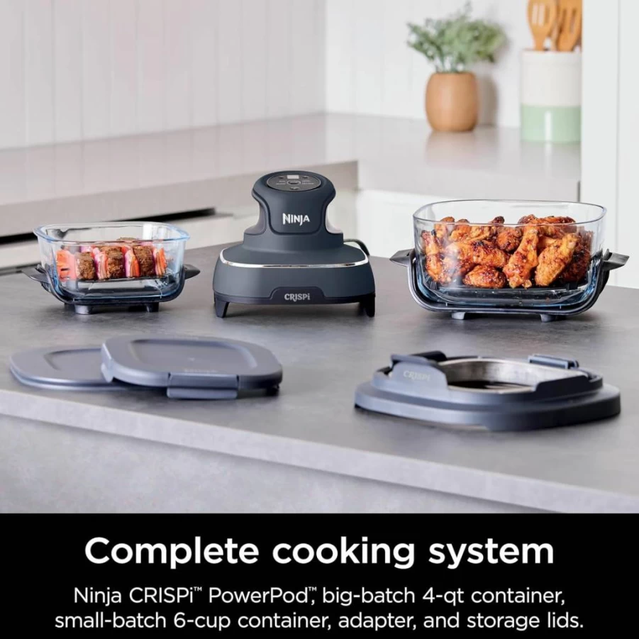 Ninja Crispi 4-in-1 Air Fryer with Glass Containers, 1500W, 4QT Capacity, Microwave & Dishwasher Safe, Portable Cooking System, Cyberspace Gray (FN101GY)