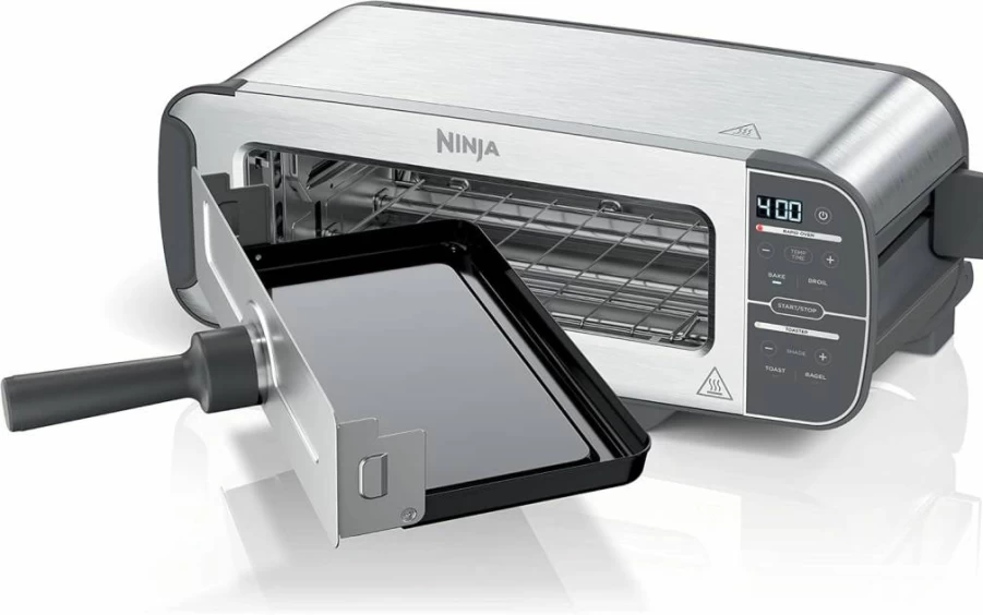 Ninja Foodi ST100 2-in-1 Flip Toaster Oven, 2-Slice Toaster & Snack Maker, 1500W Compact Countertop Oven, Stainless Steel Design