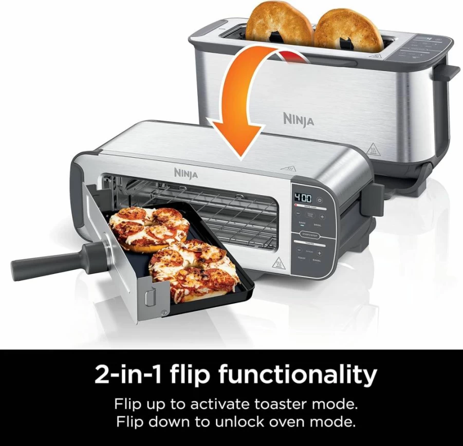 Ninja Foodi ST100 2-in-1 Flip Toaster Oven, 2-Slice Toaster & Snack Maker, 1500W Compact Countertop Oven, Stainless Steel Design