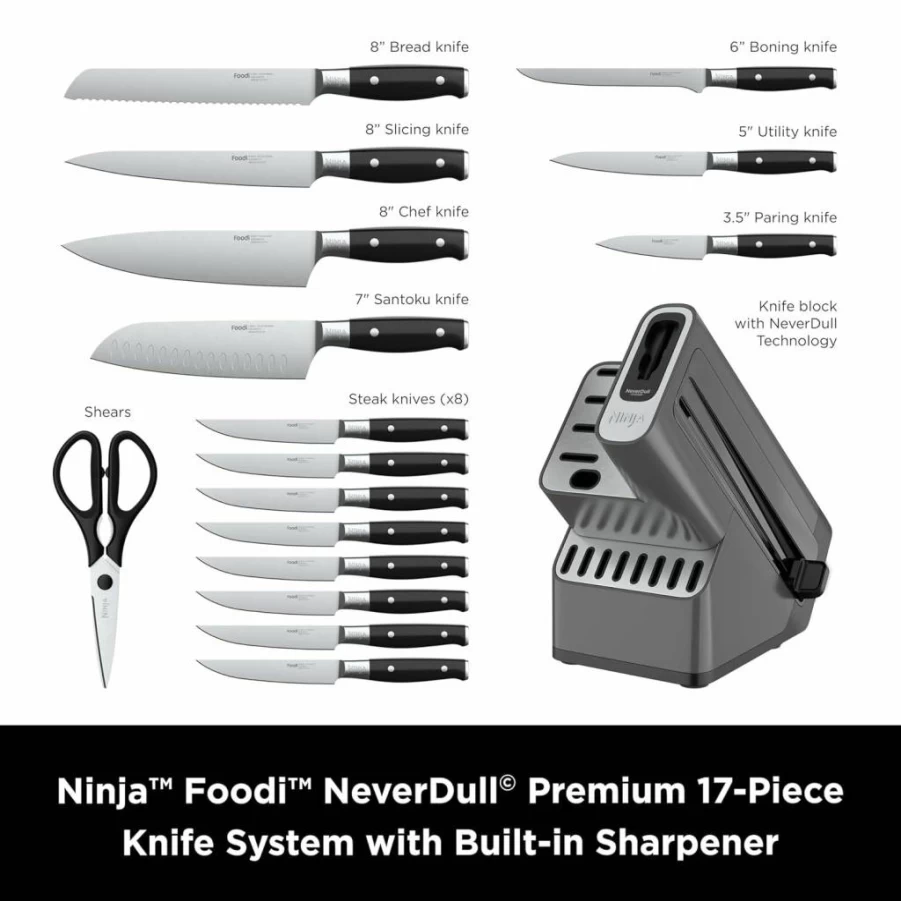 Ninja 7-Piece Essential Knife Set with Built-In Sharpener, High Carbon Stainless Steel Blades, White (K12007Whbn)