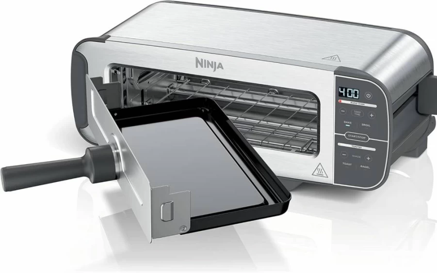 Ninja ST101 Foodi 2-in-1 Flip Toaster Oven, 2-Slice Capacity, 6 Functions (Reheat, Defrost, Snack Maker), Compact Design, 1500W, Stainless Steel