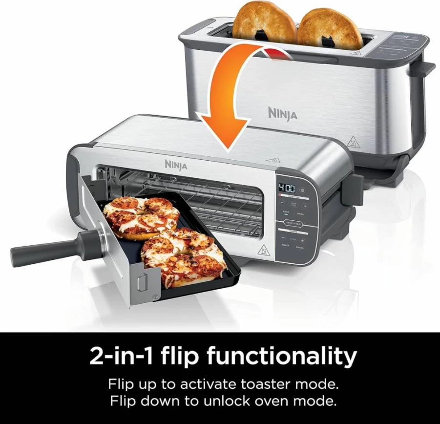 Ninja ST101 Foodi 2-in-1 Flip Toaster Oven, 2-Slice Capacity, 6 Functions (Reheat, Defrost, Snack Maker), Compact Design, 1500W, Stainless Steel