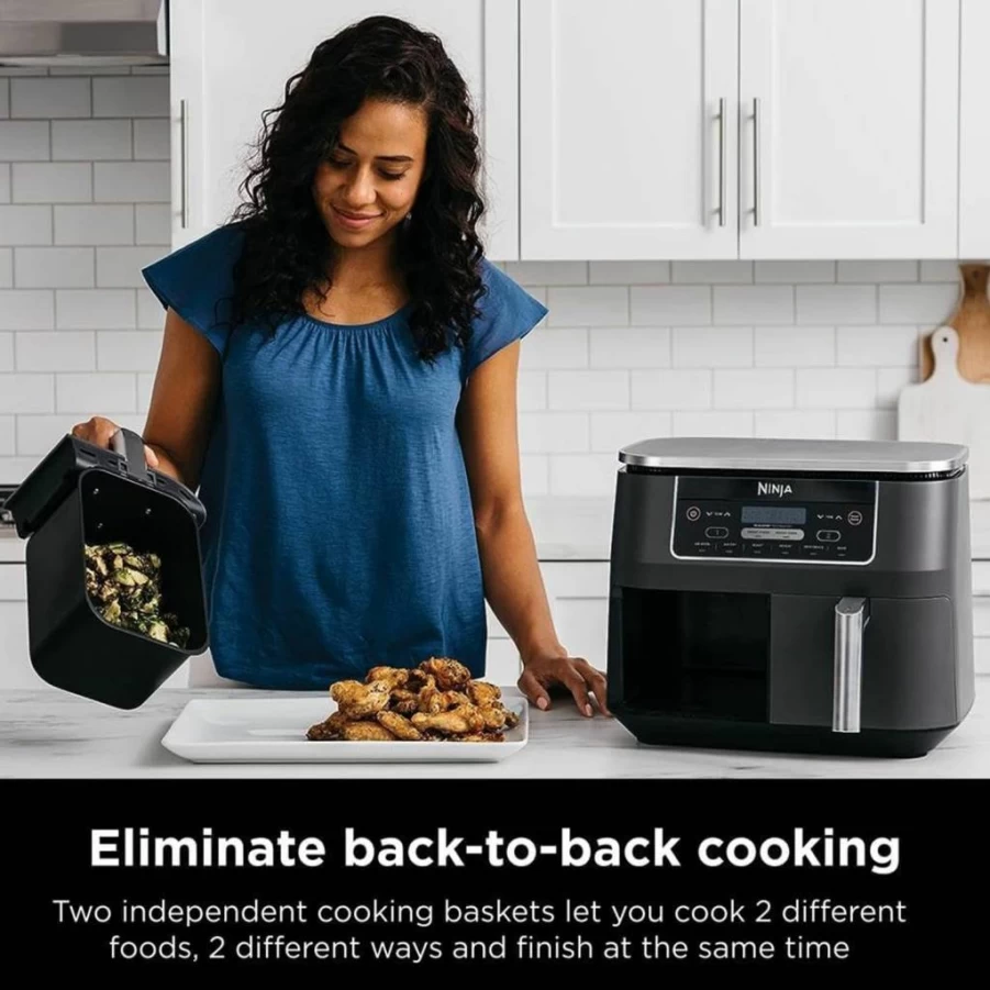 Ninja Foodi 8-Quart 6-in-1 DualZone Air Fryer with 2 Independent Baskets, Match Cook & Smart Finish, Roast, Broil, Dehydrate, Quick Easy Meals, Grey