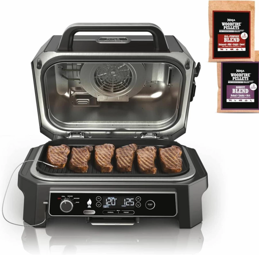 Ninja Woodfire Pro XL 4-in-1 Electric Outdoor Grill, Smoker, Air Fryer & Portable Oven with Thermometer – Dark Grey OG850, Master BBQ for Outdoor Cooking