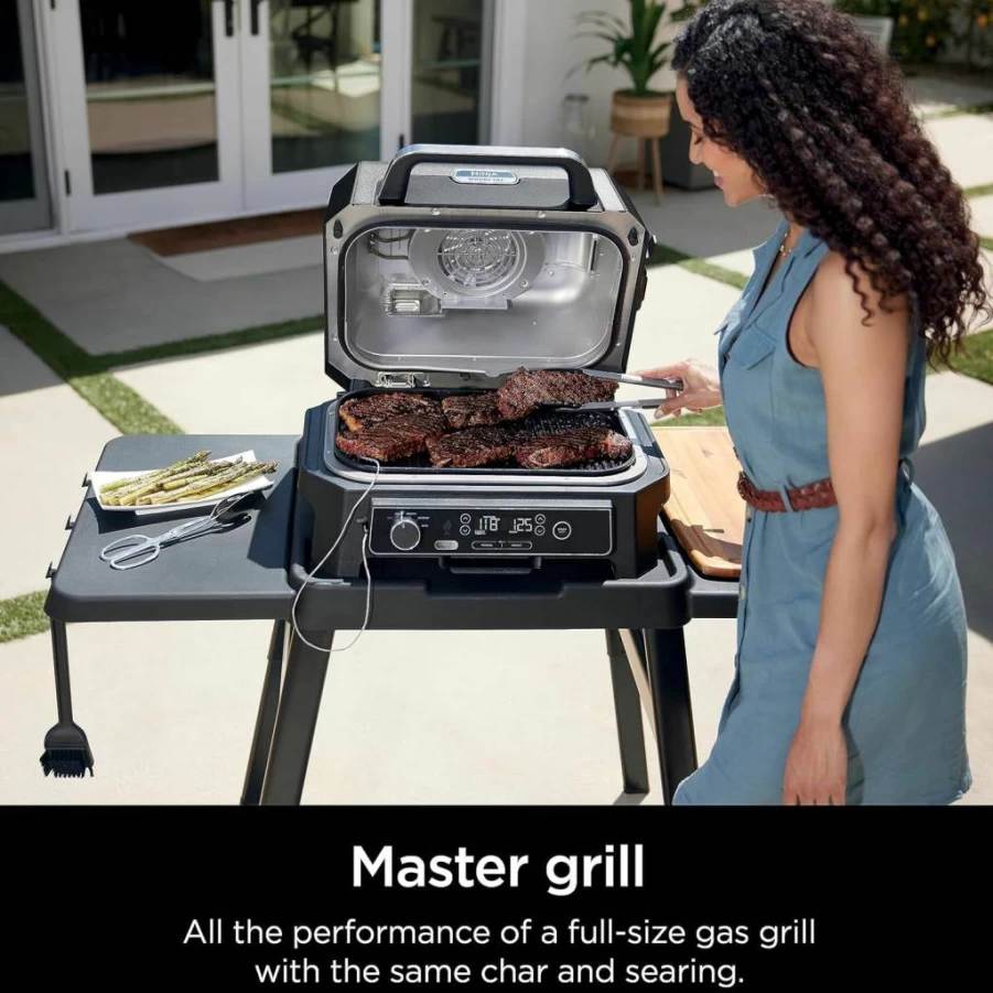 Ninja Woodfire Pro XL 4-in-1 Electric Outdoor Grill, Smoker, Air Fryer & Portable Oven with Thermometer – Dark Grey OG850, Master BBQ for Outdoor Cooking
