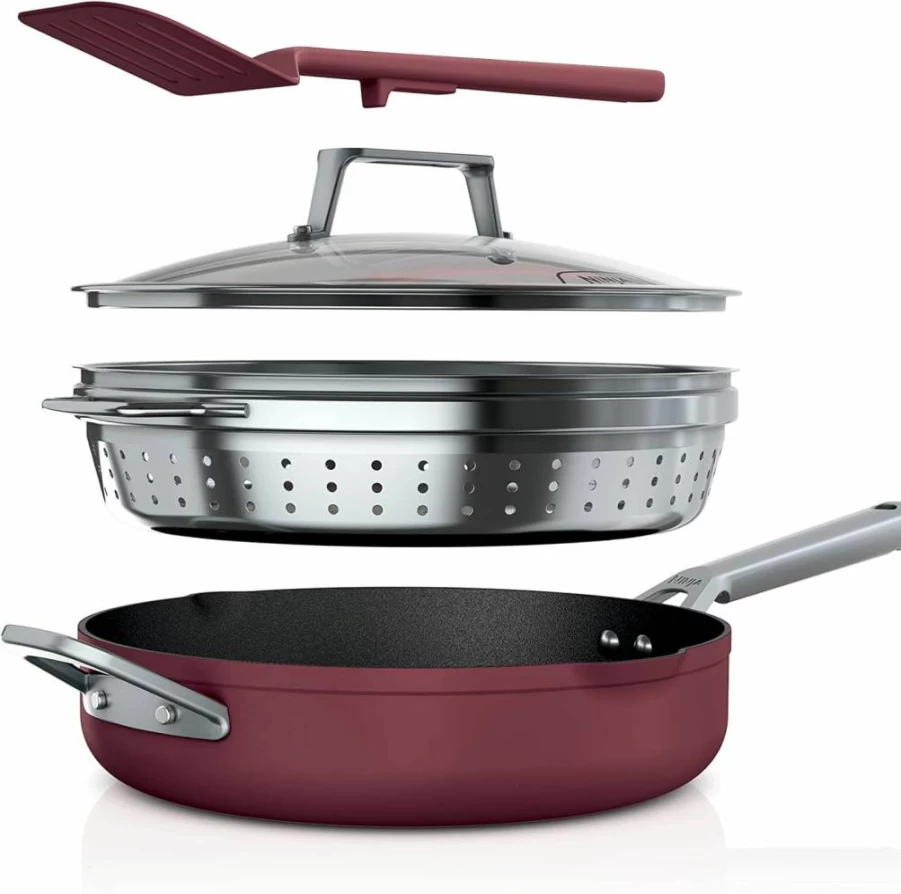Ninja Foodi Neverstick Possiblepan Premium Nonstick Cookware Set, 4-Quart Capacity with Steamer Basket, Glass Lid & Spatula, Oven Safe to 500°F, Vanilla Bean