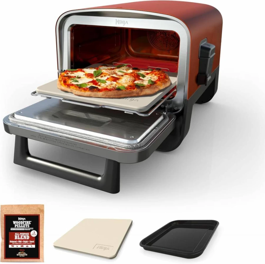 Ninja Woodfire Outdoor 8-in-1 Electric Pizza Oven & Smoker Grill - Portable 700°F Countertop Oven with BBQ Box & Wood Pellets, Terracotta Red