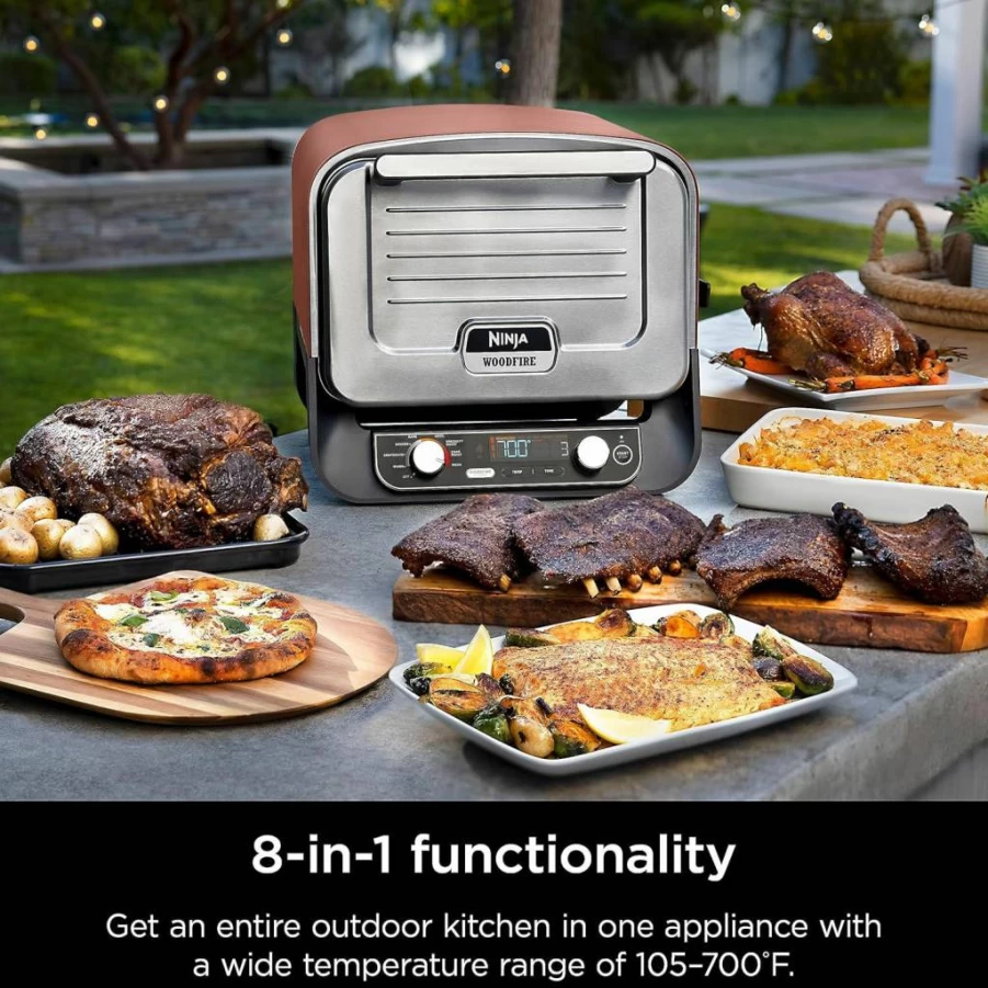 Ninja Woodfire Outdoor 8-in-1 Electric Pizza Oven & Smoker Grill - Portable 700°F Countertop Oven with BBQ Box & Wood Pellets, Terracotta Red