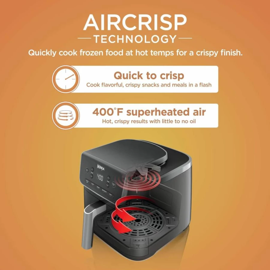 Ninja AF141 Air Fryer 5 Quart, 4-in-1 Countertop Oven for Air Frying, Roasting, Reheating & Dehydrating, 400°F Rapid Air Crisp Technology, Nonstick Basket with Crisper Plate, 120V, Grey