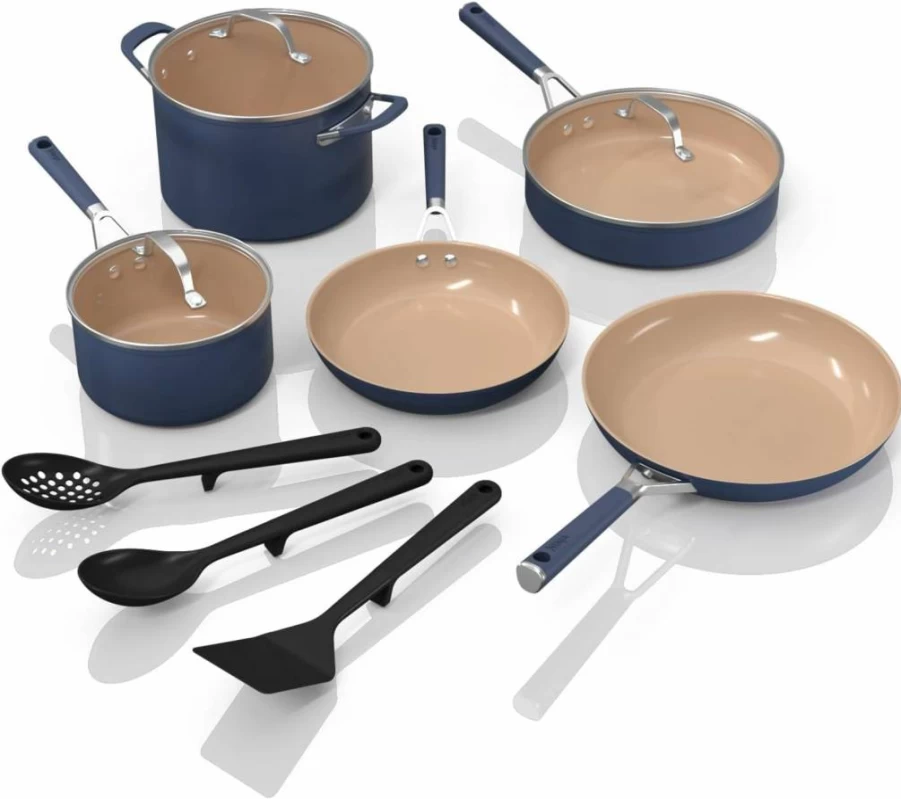 Ninja CW49011 11-Piece Ceramic Nonstick Cookware Set, PTFE-Free, Oven & Dishwasher Safe, Navy Blue, Stovetop Compatible with Comfort Grip