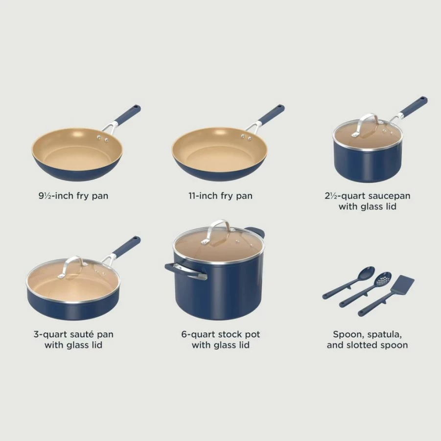 Ninja CW49011 11-Piece Ceramic Nonstick Cookware Set, PTFE-Free, Oven & Dishwasher Safe, Navy Blue, Stovetop Compatible with Comfort Grip