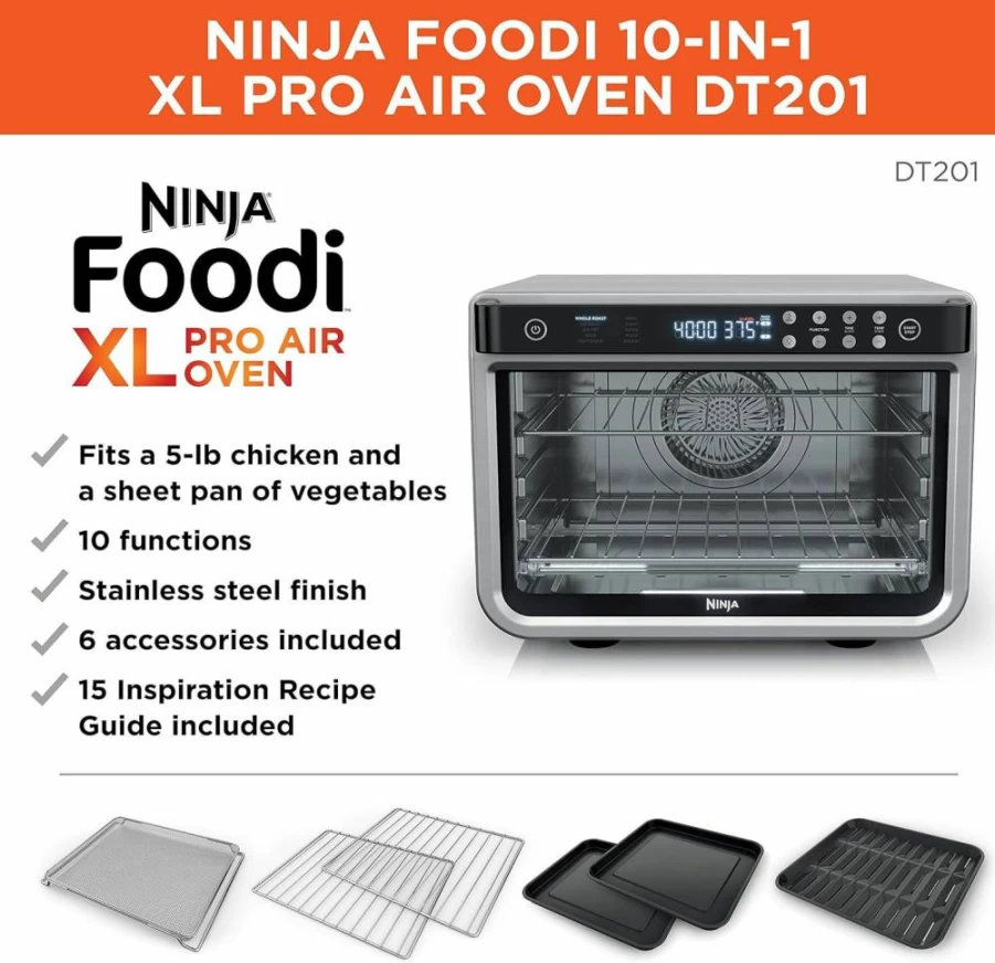 Ninja Prestige DT551 10-in-1 Smart XL Air Fryer Toaster Oven with Pro Cook System & Thermometer, 1800W Countertop Convection Oven for Baking, Roasting, Broiling - Stainless Steel