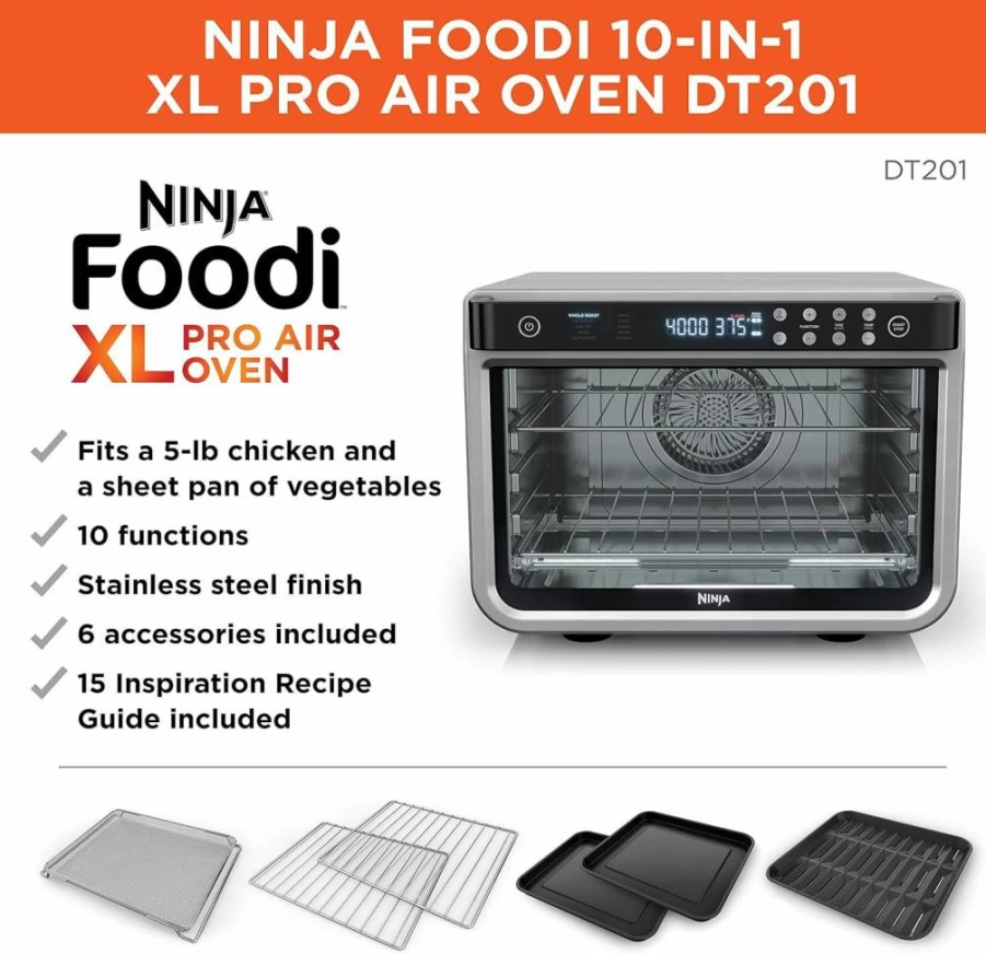 Ninja Foodi 8-in-1 XL Pro Air Fryer Toaster Oven, 1800W Countertop Convection Oven with Digital Controls, 12-Inch, Black (DT202BK)