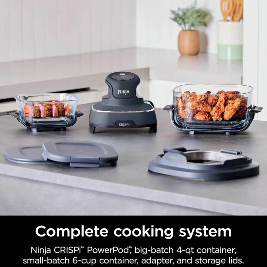 Ninja Crispi Air Fryer with 4 Qt & 6 Cup Glass Containers – Microwave, Freezer & Dishwasher Safe, Non-Toxic, Portable Cooking System for Air Frying, Baking, and Easy Meals (Green, Model Fn101Sg)