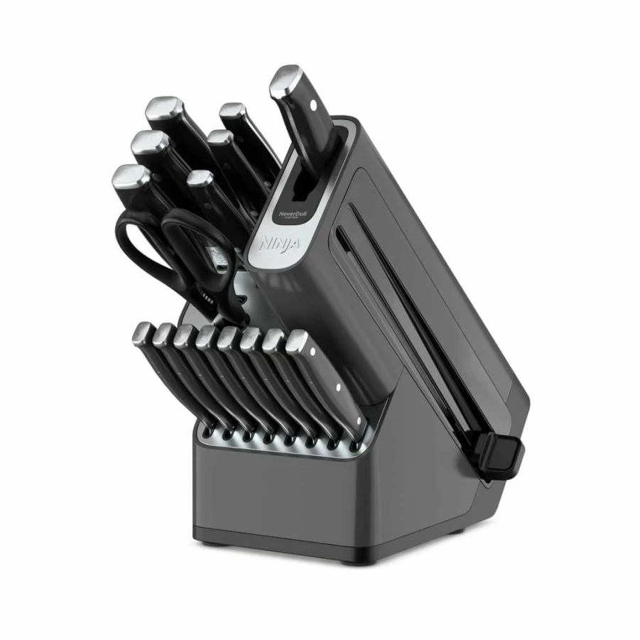 Ninja K52013 Foodi Neverdull Premium 13-Piece German Stainless Steel Knife Set with Built-In Sharpener, Walnut Stain/Black Wood Series