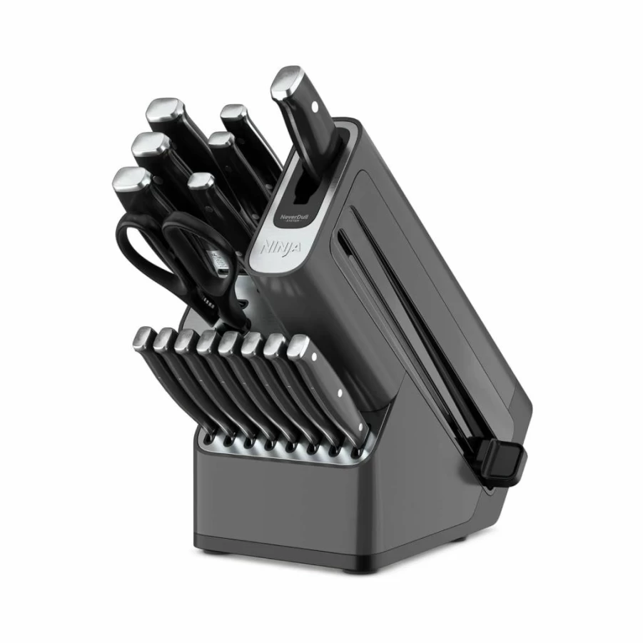 Ninja K52015 Foodi Neverdull 15-Piece Premium Knife Set with Wood Block, German Stainless Steel Blades, Built-In Sharpener, Walnut Stand