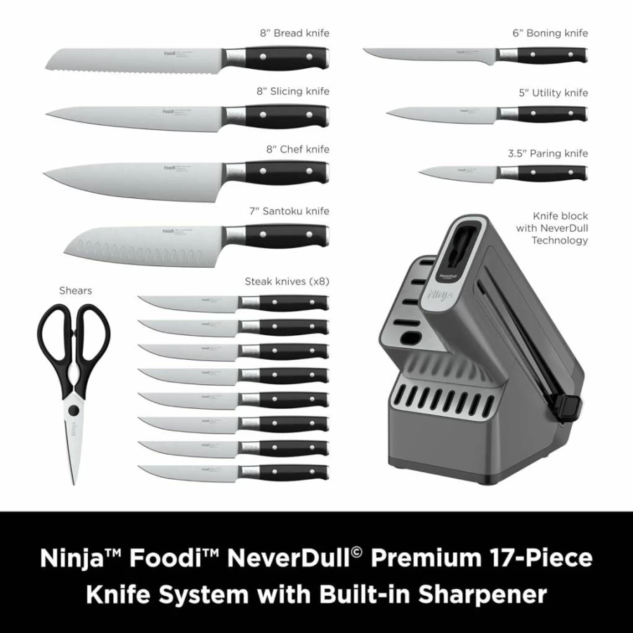 Ninja K52015 Foodi Neverdull 15-Piece Premium Knife Set with Wood Block, German Stainless Steel Blades, Built-In Sharpener, Walnut Stand