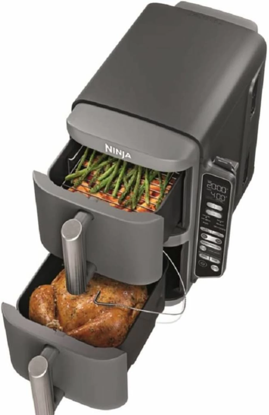 Ninja SL201 8 Qt DoubleStack Air Fryer, 6-in-1 Countertop Oven for Roasting, Baking & More, Large Capacity Cooks 2lbs Chicken Wings, Space-Saving Design with Dishwasher Safe Parts, Black