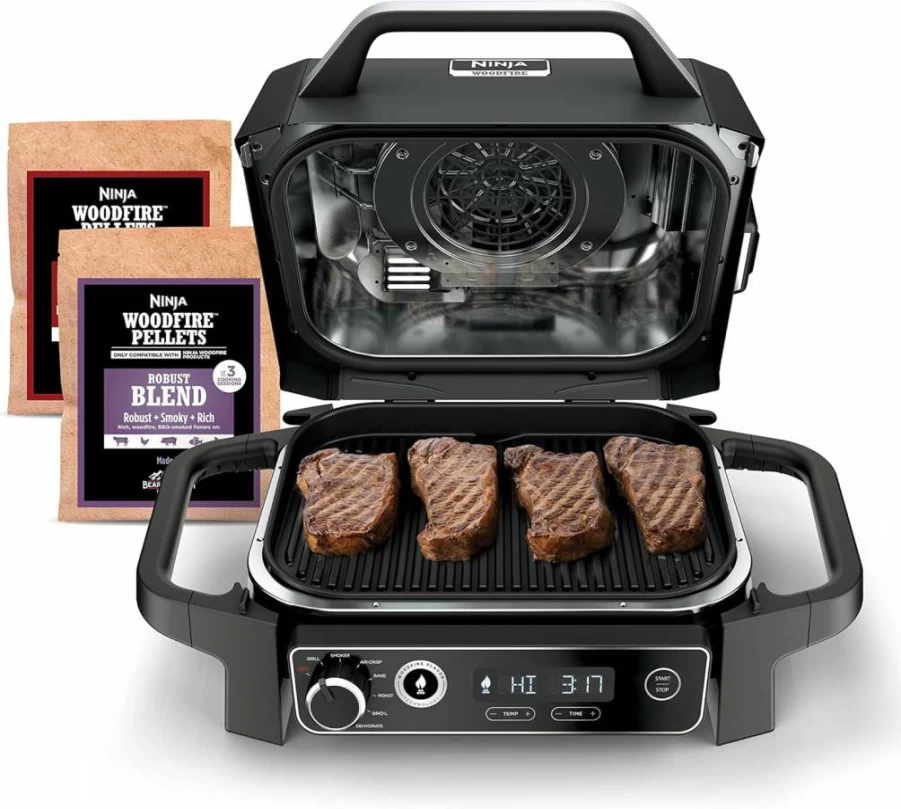 Ninja Woodfire Outdoor Grill 7-in-1 - Portable Pellet Grill for Grilling, Smoking, Roasting & Air Frying with Weather-Resistant Design - Includes Woodfire Pellets - OG701 Cooks 6 Steaks or 30 Hot Dogs